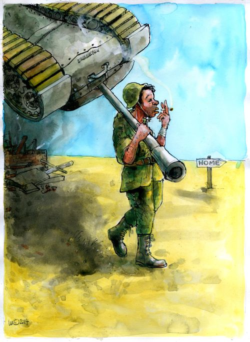Ex-soldier carrying a tank home.