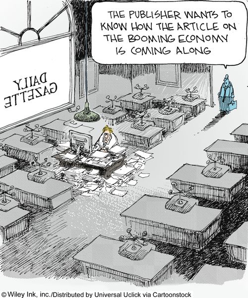 'The publisher wants to know how the article on the booming economy is coming along.'