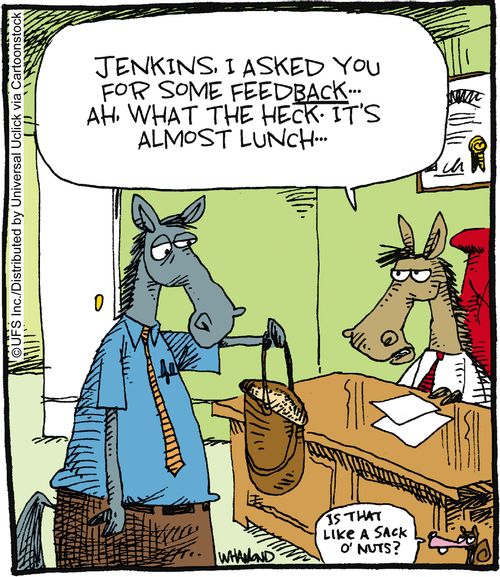'Jenkins, I asked you for some feedBACK... ah what the heck, it's almost lunch...'