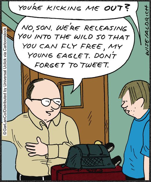 ' . . . We're releasing you into the wild so that you fly free, my young eaglet. Don't forget to tweet.'