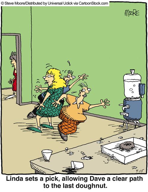 Linda sets a pick, allowing Dave a clear path to the last doughnut.