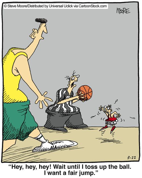 'Hey, hey, hey! Wait until I toss up the ball. I want a fair jump.'