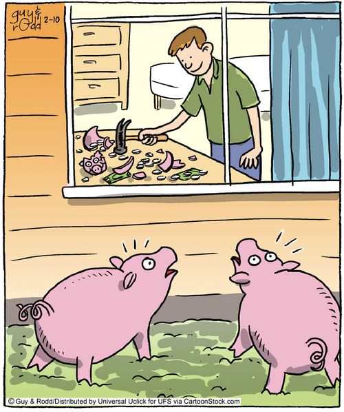 Pigs are shocked by the fate of the piggy bank.