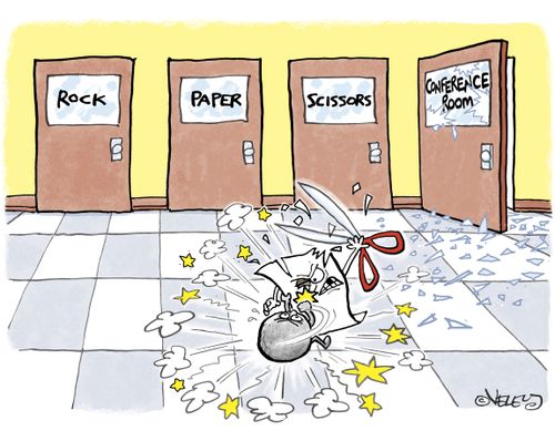 Rock, paper and scissors fighting in office conference room.