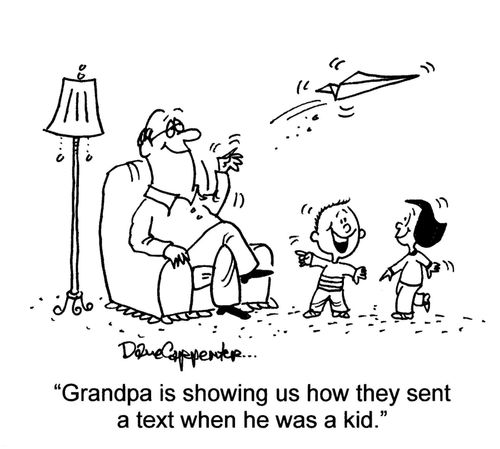 'Grandpa is showing us how they sent a text when he was a kid.'