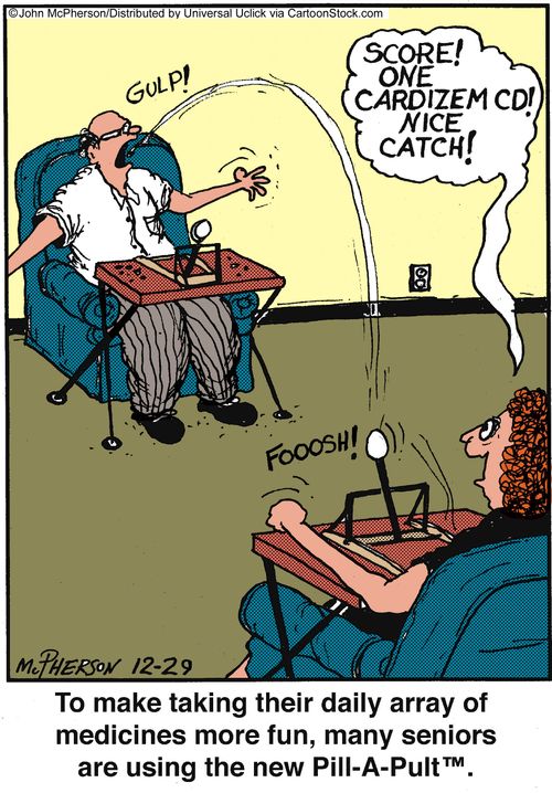To make taking their daily array of medicines more fun, many seniors are using the new Pill-A-Pult.
