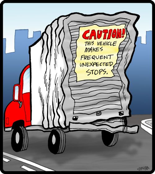 'Caution! This vehicle makes frequent unexpected stops.'