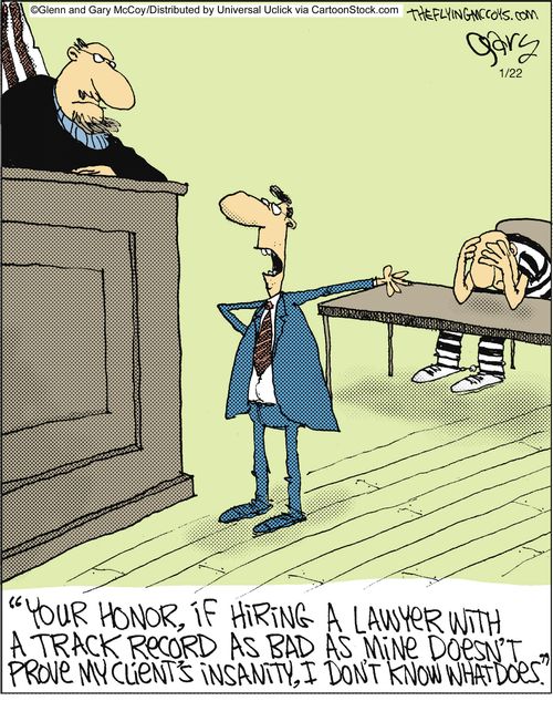 'Your honor, if hiring a lawyer with a track record as bad as mine doesn't prove my client's insanity, I don't know what does,'