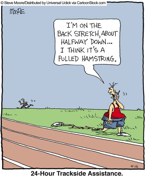'I'm on the back stretch, about halfway down...I think it's a pulled hamstring.'