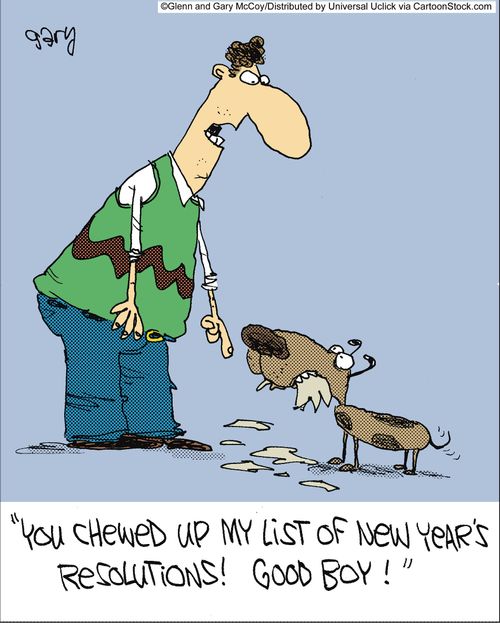 'You chewed up my list of new years resolutions! Good boy!'