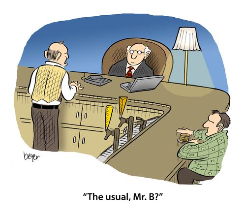 Businessman at a bar mad to look like desk. Bartender says: 'The usual, Mr. B?'