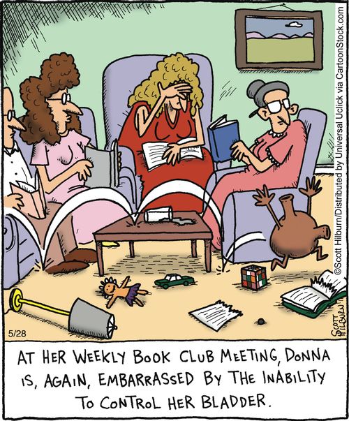 At here weekly book club meeting, Donna is, again, embarrassed by the inability to control her bladder.