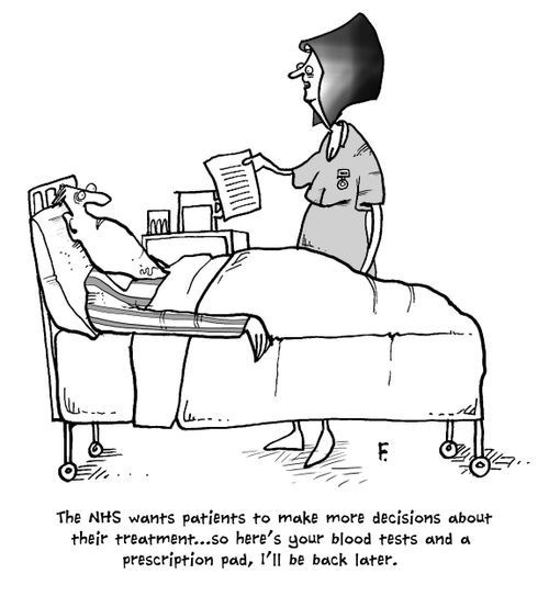 'The NHS wants patients to make more decisions about their treatment...so here's your blood tests and a prescription pad, I'll be back later.'