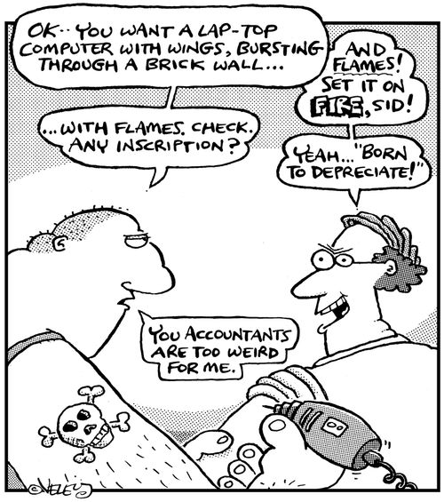 Accountant getting a tattoo ('Born to Depreciate!')