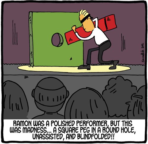Ramon was a polished performer, but this was madness. . . A square peg in a round hole, unassisted, and blindfolded!!