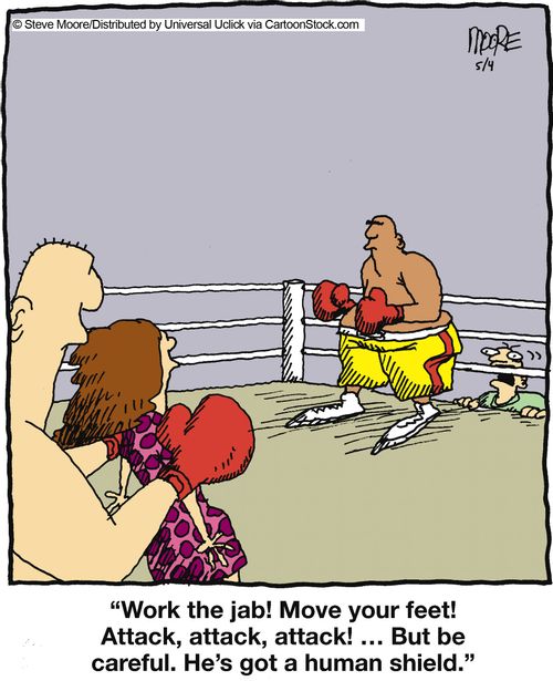 'Work the jab! Move your feet! Attack, attack, attack! ...But be careful. He's got a human shield.'