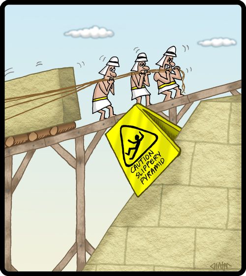 'Caution slippery pyramid' sign on ancient Egyptian pyramids.