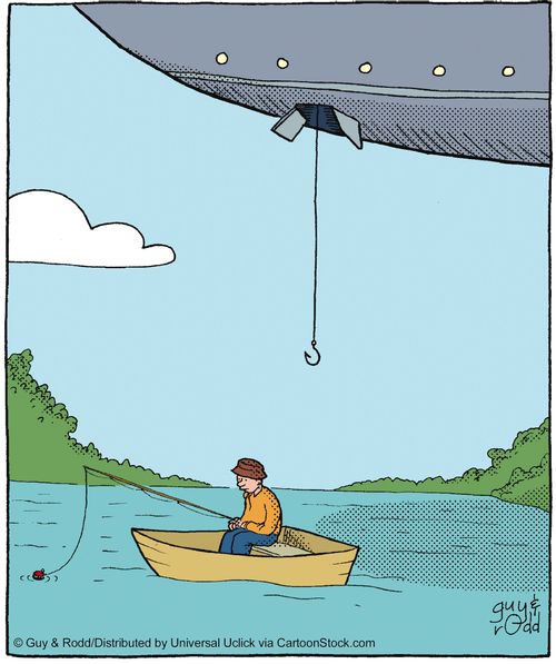 Aliens fish for a man who is fishing.