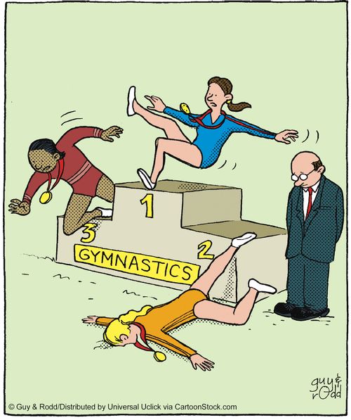 Gymnasts falling off the winners pedestal.