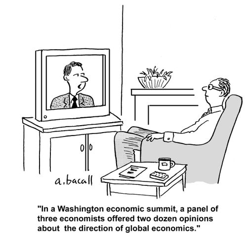 'In a Washington economic summit, a panel of three economists offered two dozen opinions about the direction of global economics.'