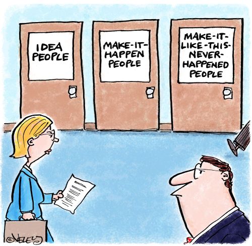 Three office doors: 'Idea People,' 'Make It Happen People,' and 'Make it Like This Never Happened People.'