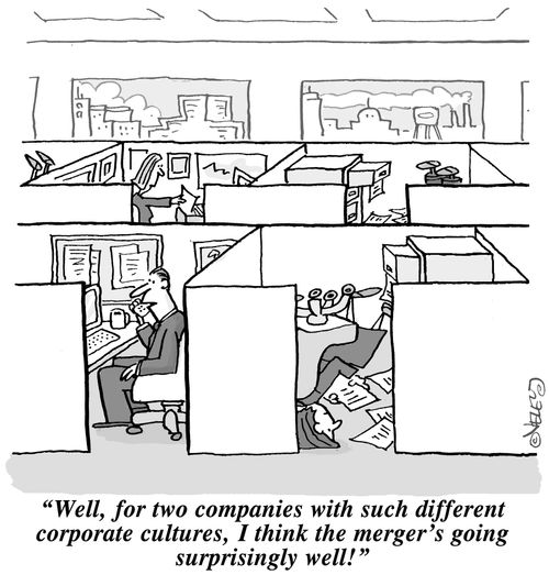 'Well, for two companies with such different corporate cultures, I think the merger's going surprisingly well!'