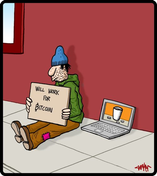 Beggar holding a 'will work for bitcoin' sign.