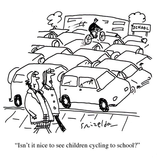 Child cycling across 4x4 rooftops: 'Isn't it nice to see children cycling to school?'