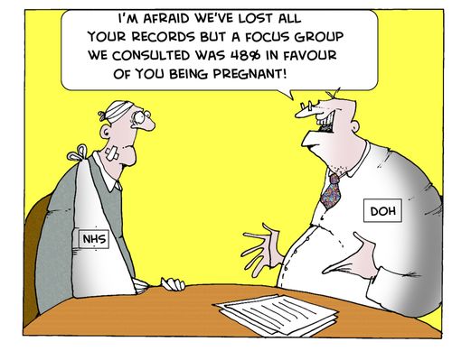 'I'm afraid we've lost all your records but a focus group we consulted was 49% in favour of you being pregnant.'