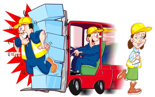 Man driving forklift is distracted by a pretty co-worker and accidentally runs into another colleague.