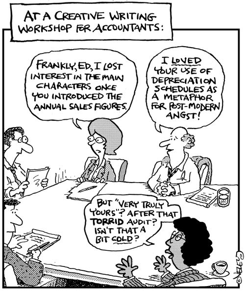 At a creative writing workshop for accountants.