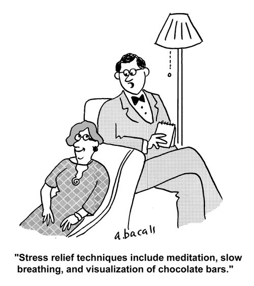 'Stress relief techniques include meditation, slow breathing, and visualization of chocolate bars.'