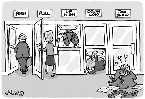 Five doors: Push, Pull, Up High, Down Low, Too Slow.