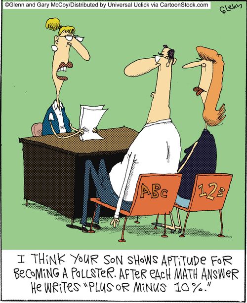 'I think your son shows aptitude for becoming a pollster. After each Math answer he writes 'plus or minus 10%.''