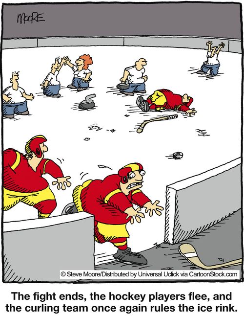 The fight ends, the hockey players flee, and the curling team once again rules the ice rink.