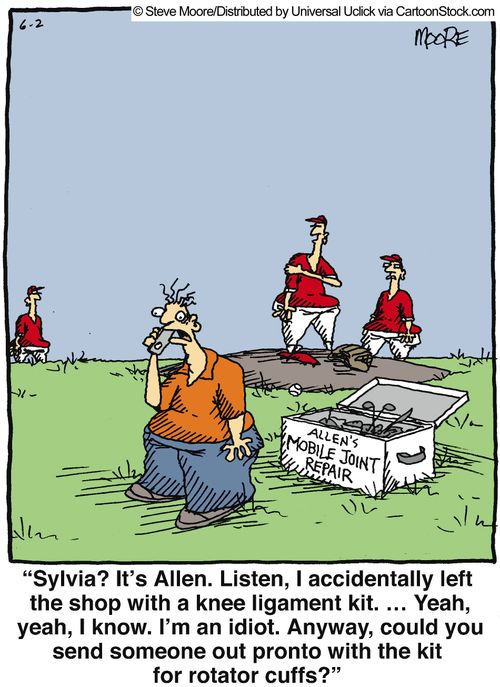 'Sylvia? It's Allen. Listen, I accidentally left the shop with a knee ligament kit...Yeah, yeah, I know. I am an idiot. Anyway, could you send someone out pronto with the kit for rotator cuffs?'