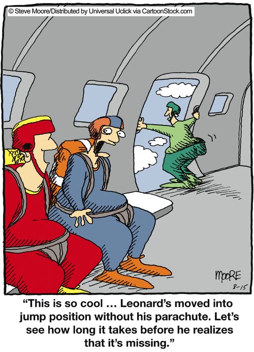 'This is so cool... Leonard's moved into jump position without his parachute. Let's see how long it takes...'
