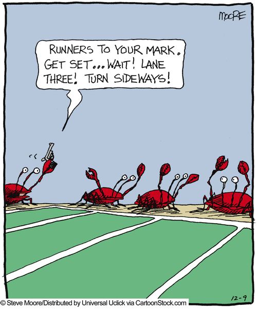 'Runners to your mark. Get set... wait! Lane three! Turn sideways!'