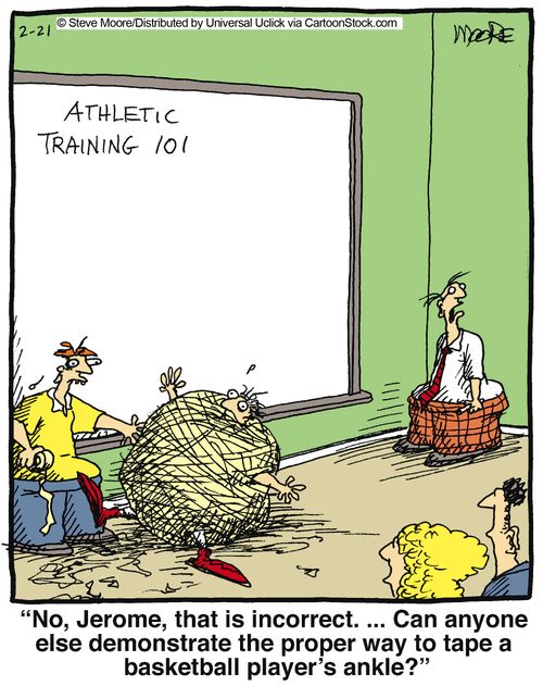 'No, Jerome, that is incorrect... can anyone else demonstrate the proper way to tape a basketball player's ankle?'