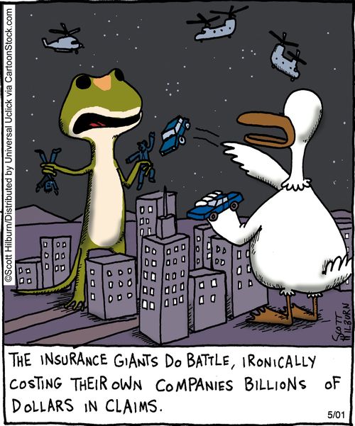 The insurance giants do battle, ironically costing their own companies billions of dollars in claims,