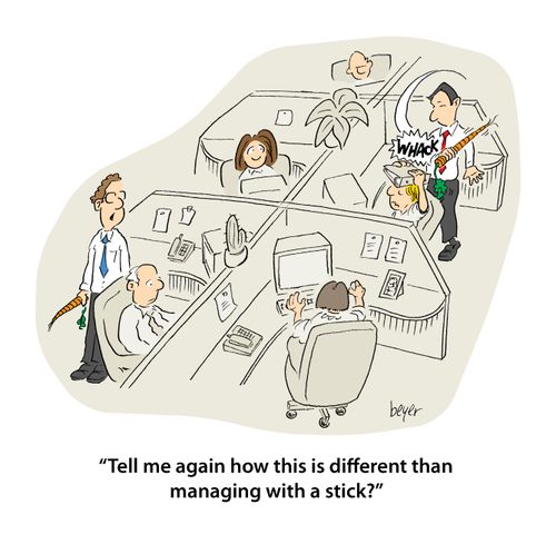 Two managers with carrots: 'Tell me again how this is different than managing with a stick?'