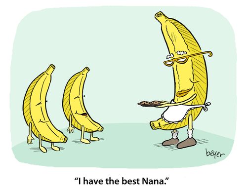 Young bananas talking to each other as adult banana gives them cookies: 'I have the best Nana.'
