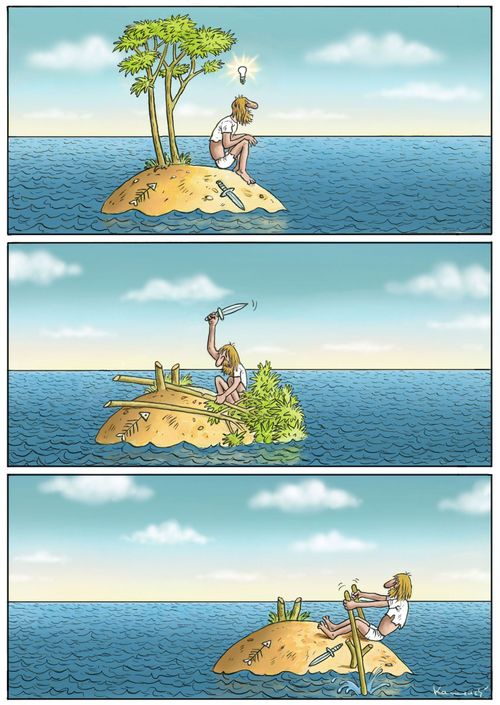 Problem Solving: Man rows desert island to land.