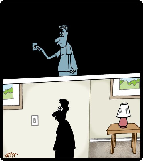 Man is dark when the lights turn on.