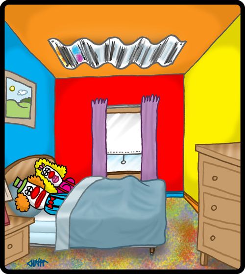Clown couple in bed with wavy mirror above their bed.
