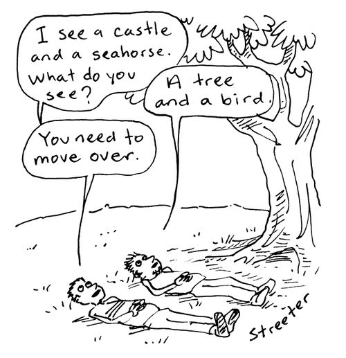 'I see a castle and a seahorse. What do you see?'
