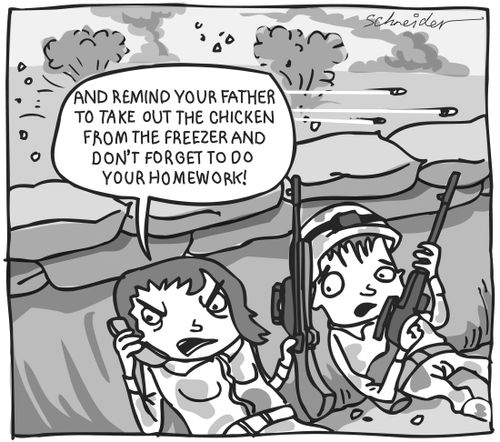 'And remind your father to take out the chicken from the freezer and don't forget to do your homework.'