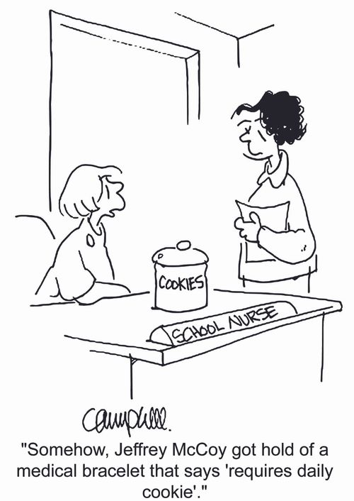 'Somehow, Jeffrey McCoy got hold of a medical alert bracelet that says 'requires daily cookie'.'