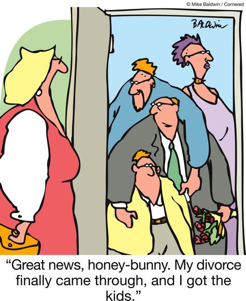 'Great news, honey-bunny. My divorce finally came through, and I got the kids.'