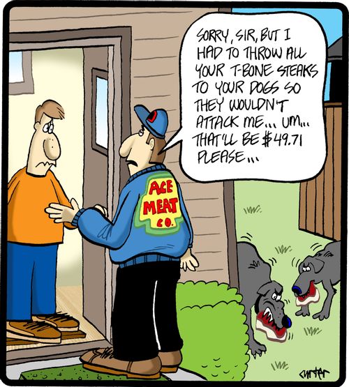 'Sorry, sir, but I had to throw all your t-bone steaks to your dogs so they wouldn't attack me. . . um. . . that'll be $49.71 please. . .'
